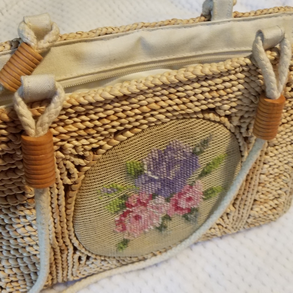Vintage Heiress straw woven tan shoulder floral bag wn - Picture 3 of 14